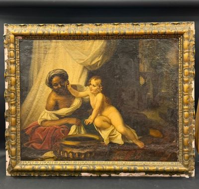 un vieux tableau représentant deux femmes et un bébé dans une pièce