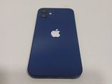 the back of a blue iphone with a white apple logo on it