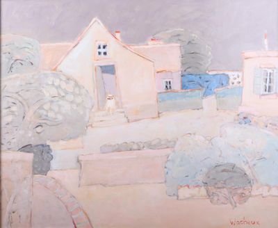 a painting of a street scene with houses in the background