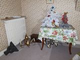 a room with a table and a radiator in it