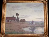 une peinture à l'huile représentant un homme à cheval près d'une ferme