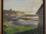 une peinture à l'huile représentant une vue de plage avec un pont au premier plan
