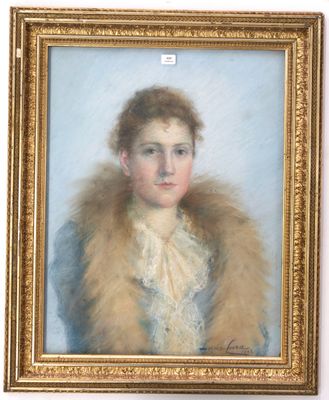 an oil painting of a woman in a blue dress and fur coat