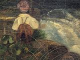 an oil painting of a man fishing in a river with a boat