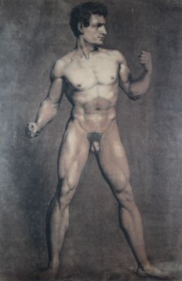 tableau représentant un homme au corps musclé debout devant un fond gris