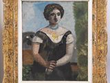 an oil painting of a woman in a black dress sitting on a bench