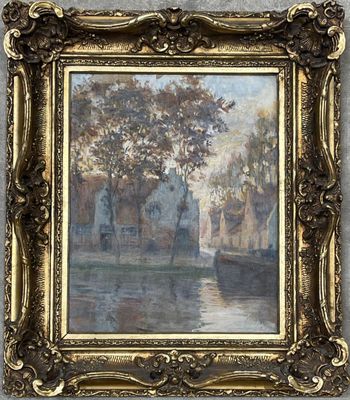 a painting of a river scene with a boat in the water