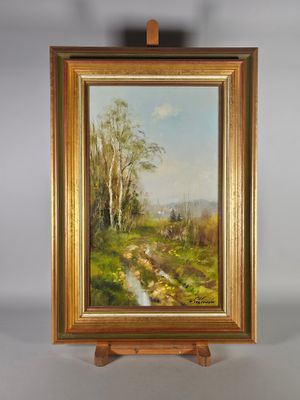 une peinture à l'huile représentant un paysage avec un ruisseau et des arbres