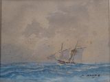 tableau représentant un voilier sur une mer agitée par temps nuageux