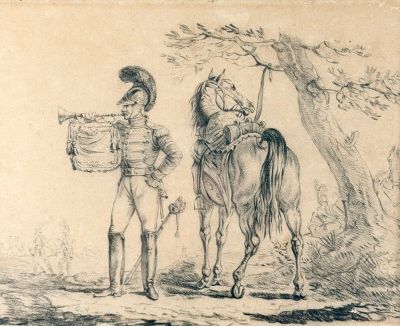 un dessin représentant un homme et une femme debout à côté d'un cheval