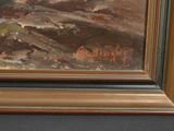 an oil painting of a mountain scene with a river in the foreground