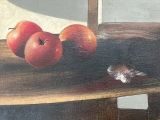 a painting of two apples and a fish on a table