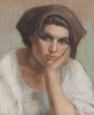 tableau représentant une femme en robe blanche, la main posée sur le menton