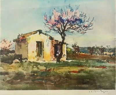 une image représentant une peinture d'une maison et d'un arbre dans un champ