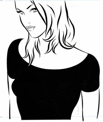 dessin représentant une femme en robe noire aux cheveux longs