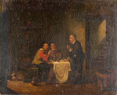 peinture d'un groupe de personnes assises autour d'une table dans une pièce