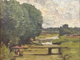 an oil painting of a bench in a field with a river in the background