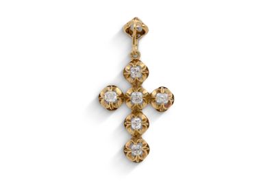 Pendentif en forme de croix en or jaune 14 carats serti de diamants
