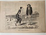 an old drawing of a man and a woman standing on a beach