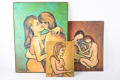 trois tableaux représentant un couple s'embrassant sur un fond blanc
