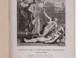 an old book with a drawing of a woman being taken from a man