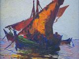 une peinture à l'huile représentant un bateau dans un plan d'eau