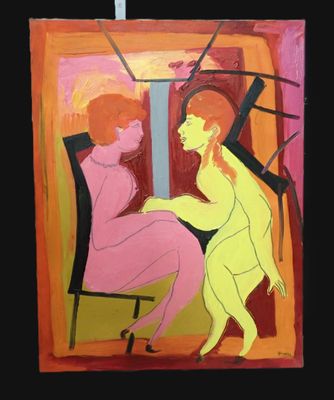 une image représentant un tableau où l'on voit deux femmes assises sur une chaise