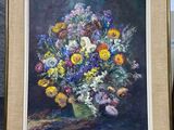 a painting of a vase of flowers on a table