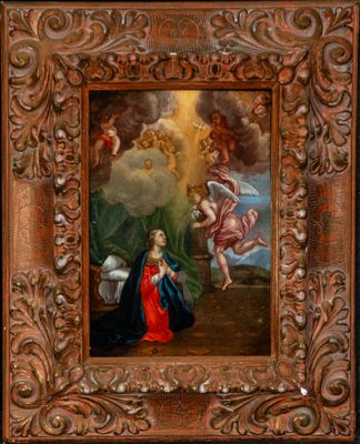 a painting of the virgin and angels in a wood frame