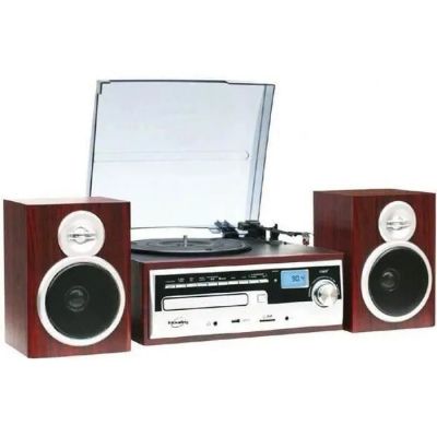 an image of a stereo system with speakers and a record player