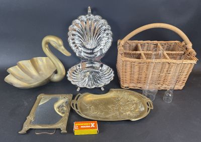 a basket, tray, mirror, and other items that are on a table