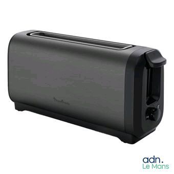 the black toaster is on a white background with the words adn on it