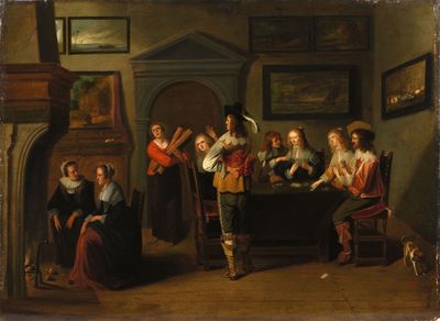 painting of a group of people gathered around a table in a room