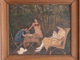 tableau représentant trois femmes assises à une table dans un décor boisé