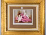 a painting of two women in pink dresses sitting on a bed
