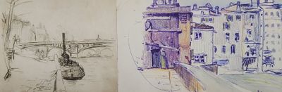 two sketches of a city with a bridge and a boat
