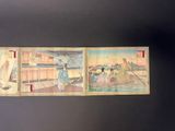 three paintings of people in a boat on a body of water, one of which is a woman in a kimono