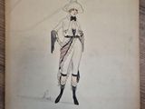 un dessin représentant une femme portant un chapeau et tenant un sac à main