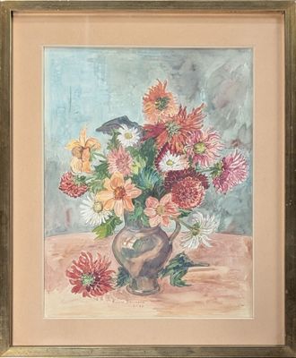 a painting of flowers in a vase with a bird on it