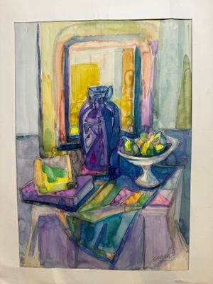 a watercolor painting of a table with a bowl of fruit on it