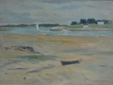 a painting of a boat on the beach near a body of water