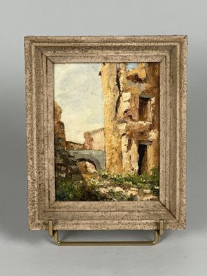 un tableau représentant un vieux bâtiment avec une fenêtre
