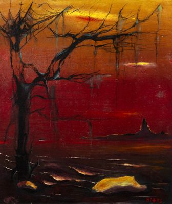 an oil painting of a tree in a field with a sunset in the background