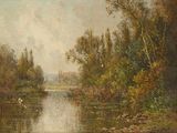 painting of a river scene with swans and ducks in the water