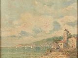 une image représentant un tableau représentant une scène de plage avec des bateaux dans l'eau
