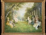 an oil painting of a group of people in a park