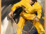 painting of a man in a yellow rain suit holding a rope