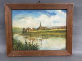 an oil painting of a village by a river with a church in the distance