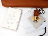 a brown bag with a padlock on top of it