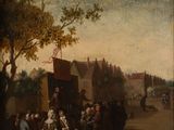 painting of a group of people gathered around a horse drawn carriage
